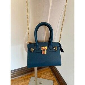 Vegan Leather Blue Crossbody Chain Mini Bag Purse Gold Lock Designer New Strap
